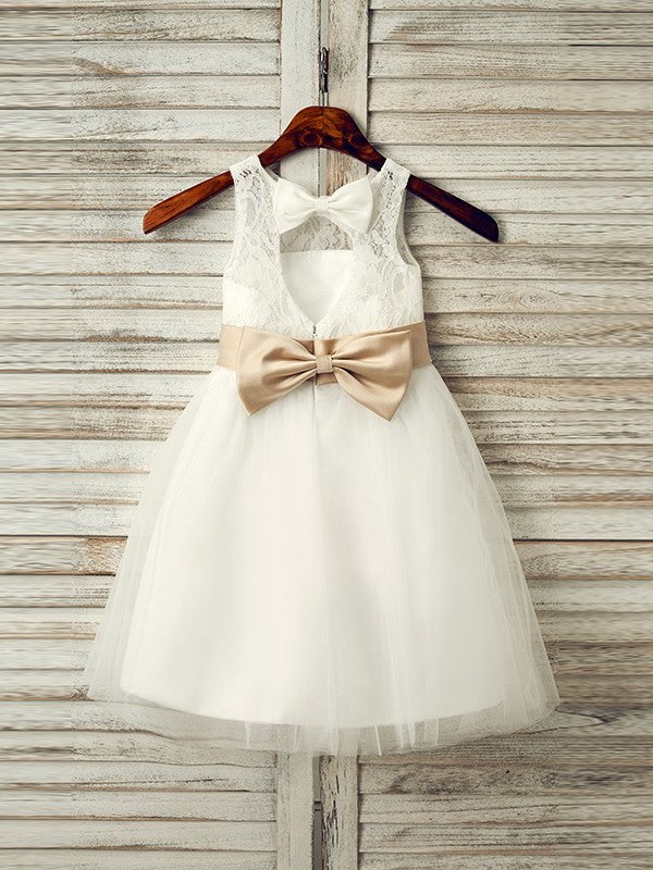 Tulle Scoop A-Line/Princess Tea-Length Bowknot Sleeveless Flower Girl Dresses