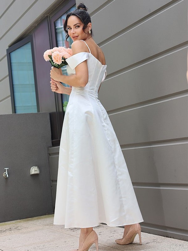 Satin Sleeveless Spaghetti Ruffles Straps A-Line/Princess Ankle-Length Wedding Dresses