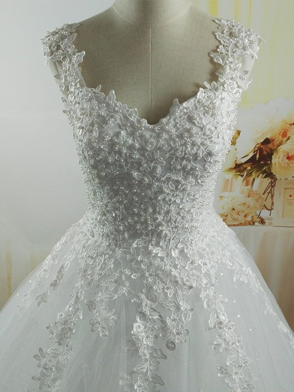 V-neck Applique Gown Ball Sweetheart Sleeveless Floor-Length Tulle Wedding Dresses