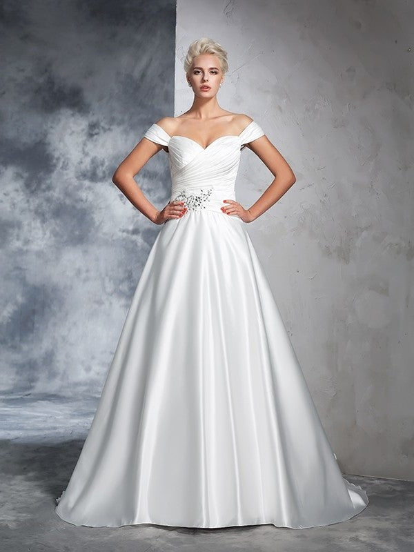 Ruched Long Off-the-Shoulder Sleeveless Ball Gown Taffeta Wedding Dresses