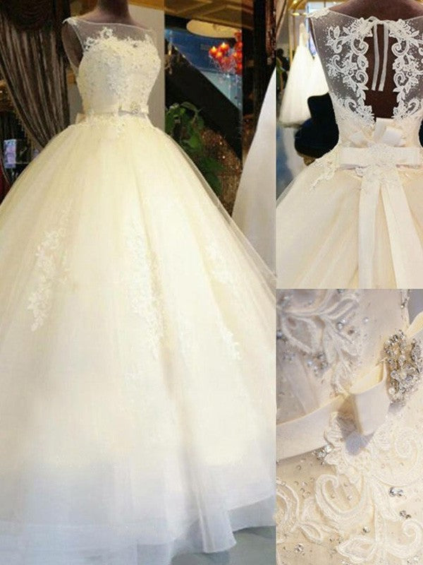 Applique Ball Sleeveless Train Gown Cathedral Scoop Sash/Ribbon/Belt Tulle Wedding Dresses