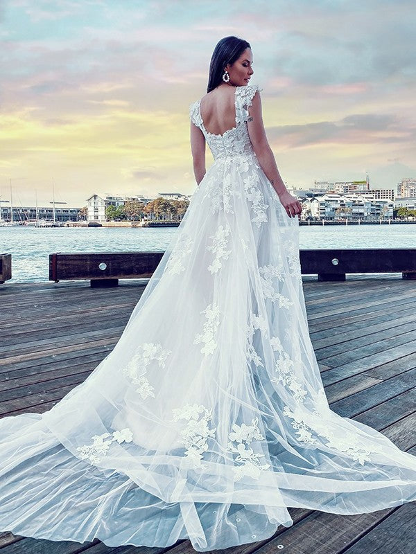 Sleeveless Applique Off-the-Shoulder Tulle Sweep/Brush A-Line/Princess Train Wedding Dresses
