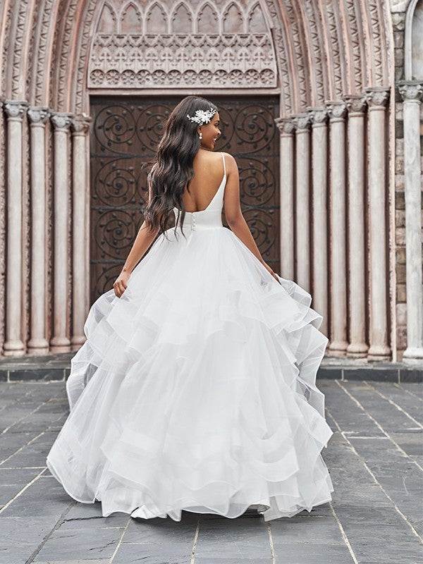 Tulle Sleeveless Ruffles A-Line/Princess V-neck Floor-Length Wedding Dresses