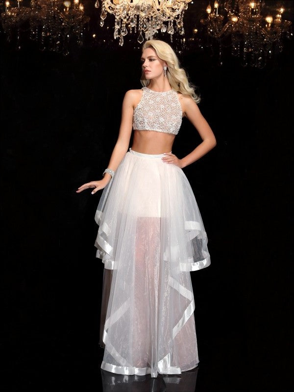 Sleeveless Scoop Tulle Long Applique A-Line/Princess Two Piece Dresses