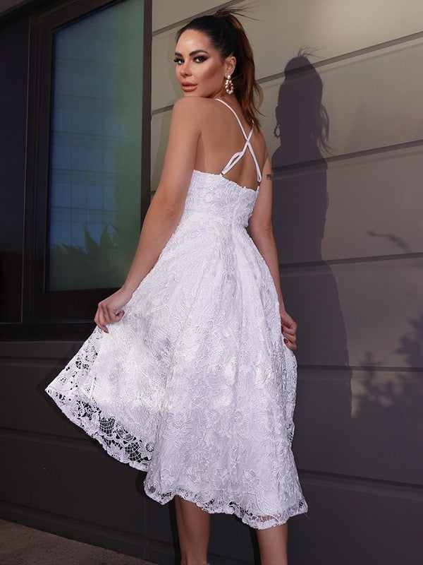 Ruffles A-Line/Princess Sleeveless Sweetheart Lace Asymmetrical Homecoming Dresses
