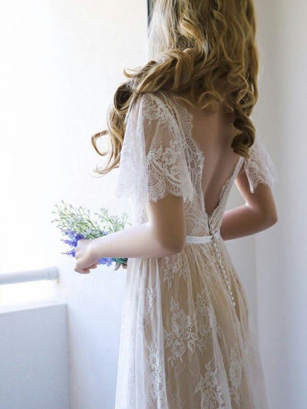 Short Sweep/Brush V-neck Sleeves Sash/Ribbon/Belt Lace A-Line/Princess Train Wedding Dresses