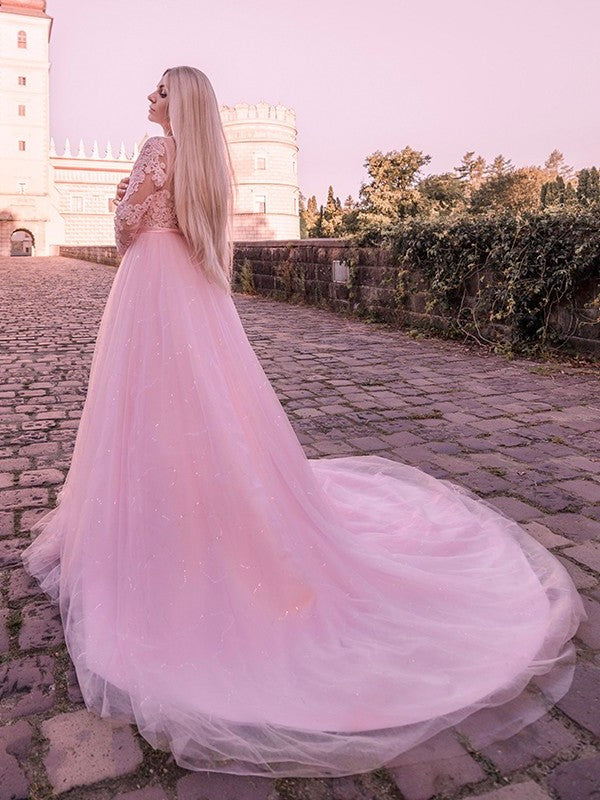 Long Ball Gown Sleeves Lace Tulle Jewel Sweep/Brush Train Dresses