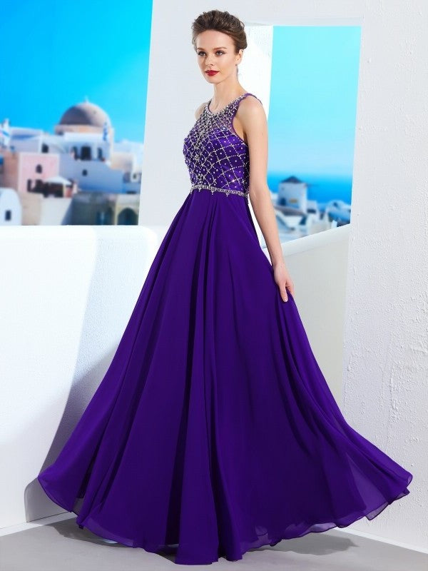 A-Line/Princess Chiffon Sleeveless Scoop Crystal Floor-Length Dresses