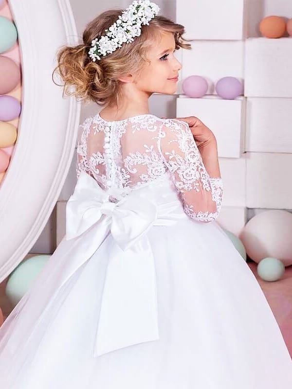 Gown Sweep/Brush Train Ball Lace 1/2 Jewel Tulle Sleeves Flower Girl Dresses