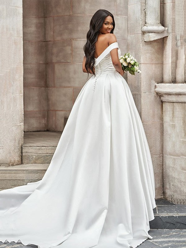 Off-the-Shoulder A-Line/Princess Ruched Court Sleeveless Satin Train Wedding Dresses