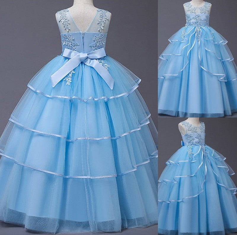 Floor-Length Applique A-Line/Princess Scoop Sleeveless Tulle Flower Girl Dresses