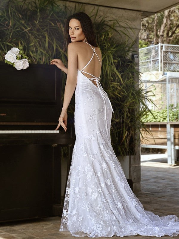 Trumpet/Mermaid Court Spaghetti Tulle Lace Straps Sleeveless Train Wedding Dresses