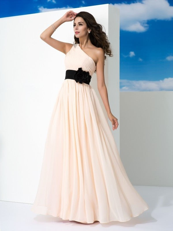 A-Line/Princess Sash/Ribbon/Belt One-Shoulder Sleeveless Long Chiffon Dresses