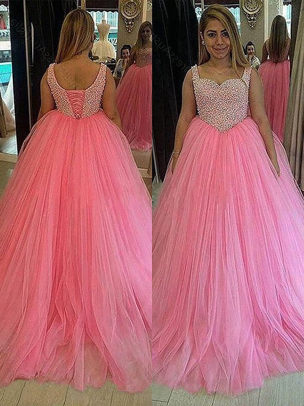 Sweep/Brush Gown Train Ball Pearls Tulle Sweetheart Sleeveless Plus Size Dresses