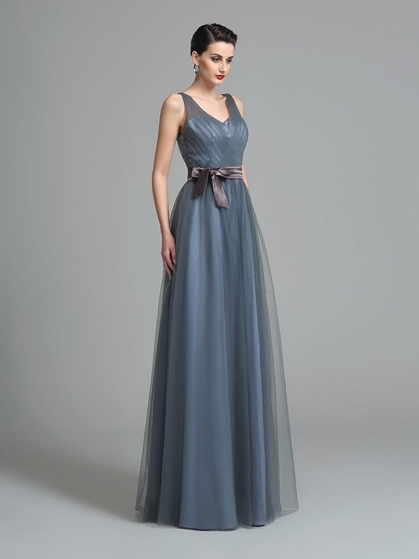 A-Line/Princess Long Sleeveless Sash/Ribbon/Belt Straps Net Bridesmaid Dresses