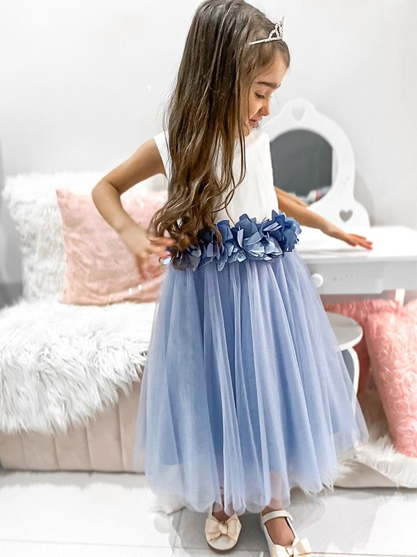Hand-Made A-Line/Princess Scoop Flower Tulle Sleeveless Tea-Length Flower Girl Dresses