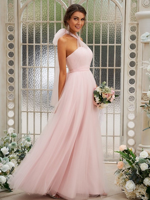 Tulle Ruffles Halter Sleeveless A-Line/Princess Floor-Length Bridesmaid Dresses