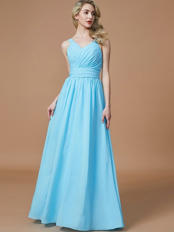 V-neck Floor-Length Chiffon A-Line/Princess Sleeveless Bridesmaid Dresses