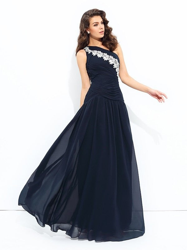 A-line/Princess One-Shoulder Applique Sleeveless Long Chiffon Dresses