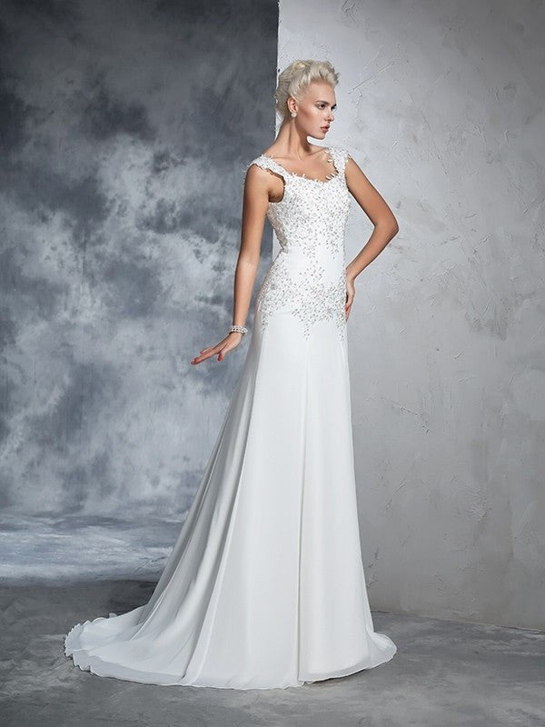 Beading Straps Sleeveless A-Line/Princess Long Chiffon Wedding Dresses