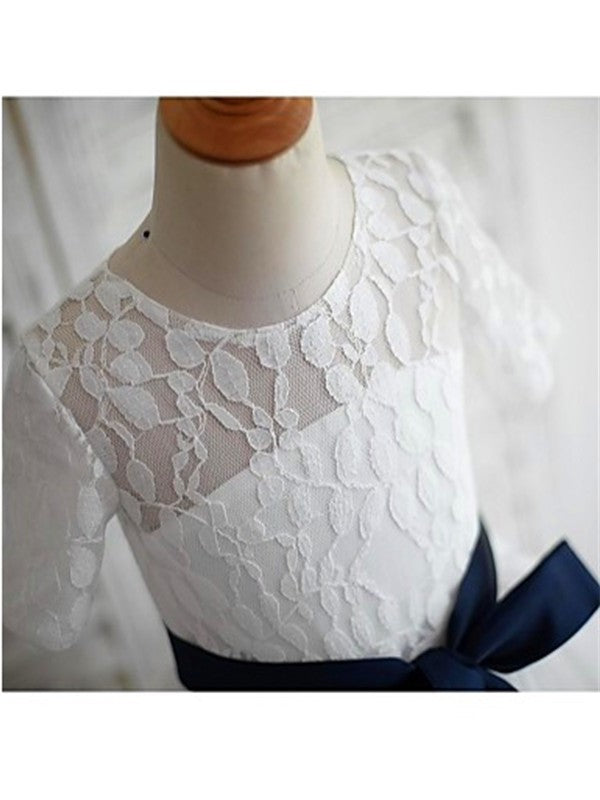 Tea-Length Tulle Scoop Sleeves Sash/Ribbon/Belt A-line/Princess 1/2 Flower Girl Dresses