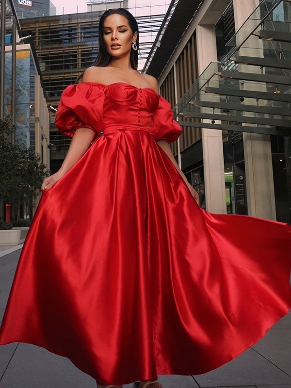 1/2 A-Line/Princess Off-the-Shoulder Ruffles Satin Sleeves Ankle-Length Dresses