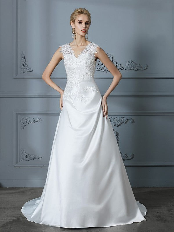 V-neck Sweep/Brush Train Sleeveless A-Line/Princess Applique Satin Wedding Dresses