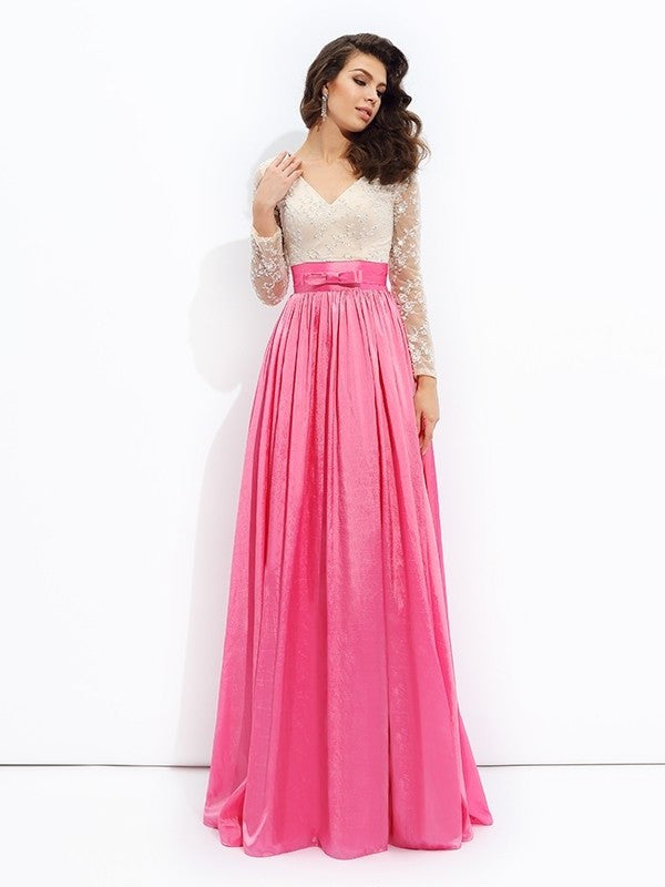 Long A-line/Princess Sleeves Lace V-neck Long Taffeta Dresses