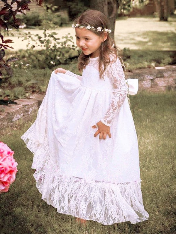 Long Sleeves Bowknot A-Line/Princess Lace Floor-Length Jewel Flower Girl Dresses