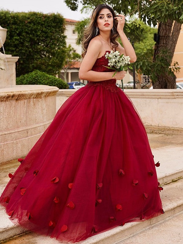 Gown Tulle Applique Sweetheart Ball Sleeveless Floor-Length Dresses