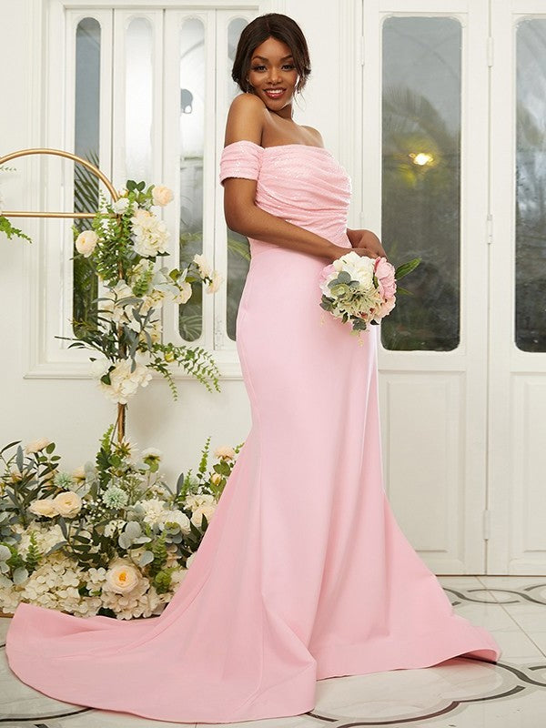 Ruched Sheath/Column Stretch Sweep/Brush Off-the-Shoulder Sleeveless Crepe Train Bridesmaid Dresses