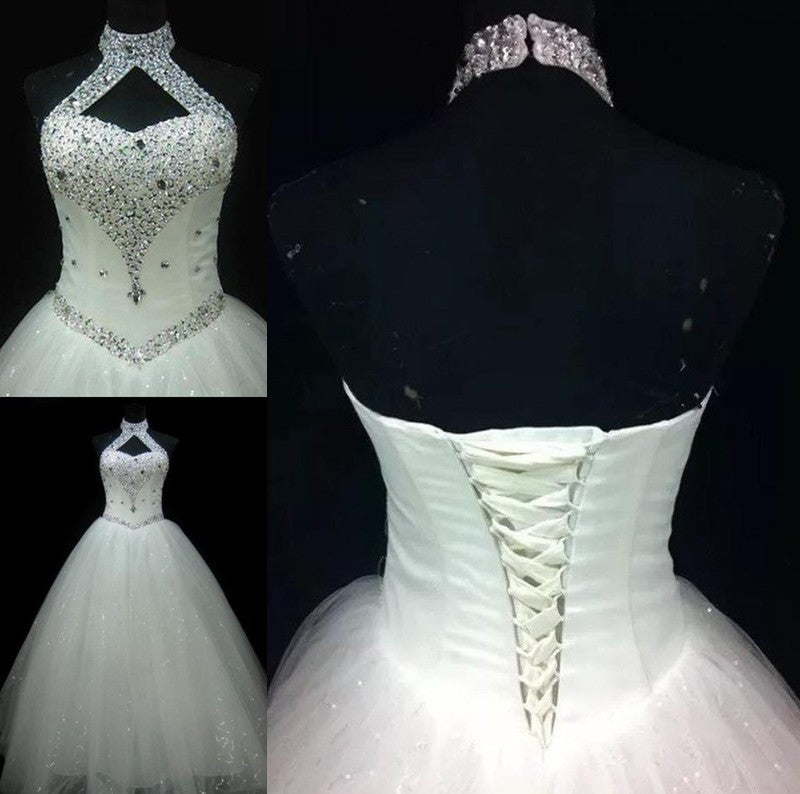 Floor-Length Gown Ball Halter Sleeveless Beading Sequin Tulle Wedding Dresses