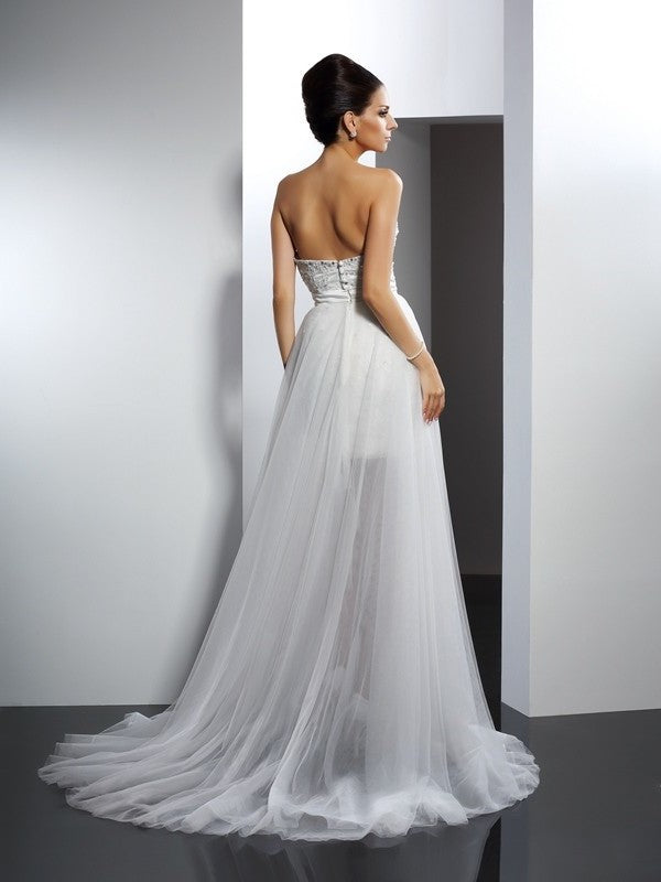 Sweetheart Sleeveless Long A-Line/Princess Applique Tulle Wedding Dresses