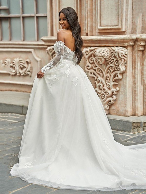 Sleeves Long Off-the-Shoulder Sweep/Brush Applique Tulle A-Line/Princess Train Wedding Dresses