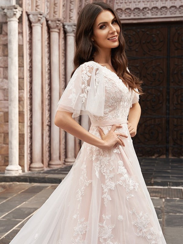 Sleeves Tulle Court Applique A-Line/Princess V-neck 1/2 Train Wedding Dresses