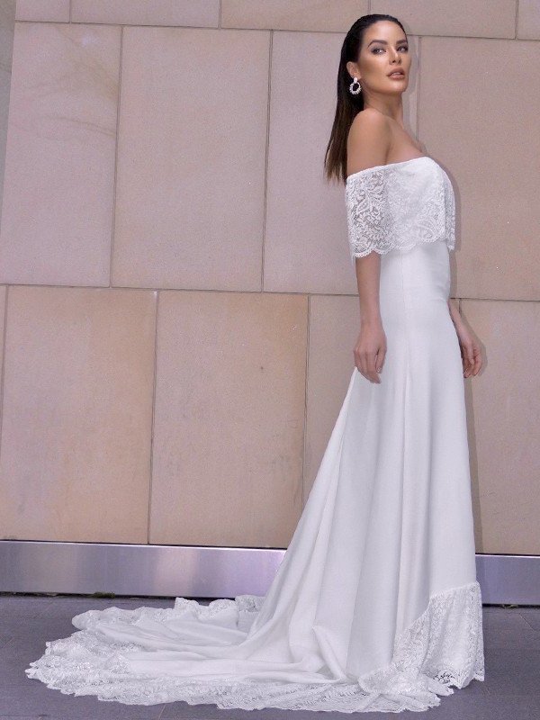 Sleeves Lace Short Off-the-Shoulder Sheath/Column Ruffles Sweep/Brush Train Wedding Dresses