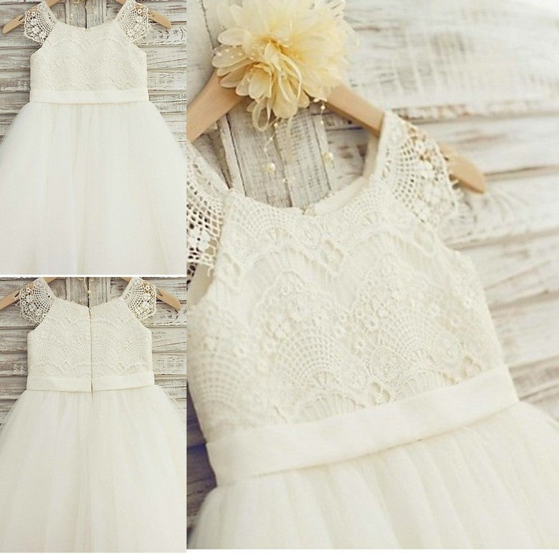 Knee-Length Lace Tulle Sleeveless Scoop A-line/Princess Flower Girl Dresses