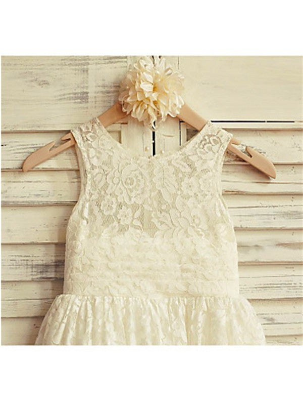 Ruffles Lace Scoop Sleeveless Tea-Length A-line/Princess Flower Girl Dresses
