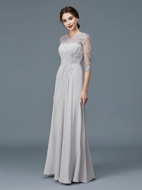3/4 Mother Chiffon of Scoop Sleeves A-Line/Princess Ruffles Floor-Length the Bride Dresses