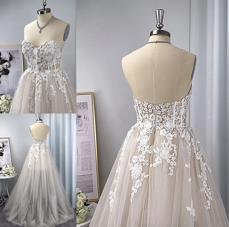 A-Line/Princess Sweep/Brush Sleeveless Tulle Sweetheart Applique Train Wedding Dresses