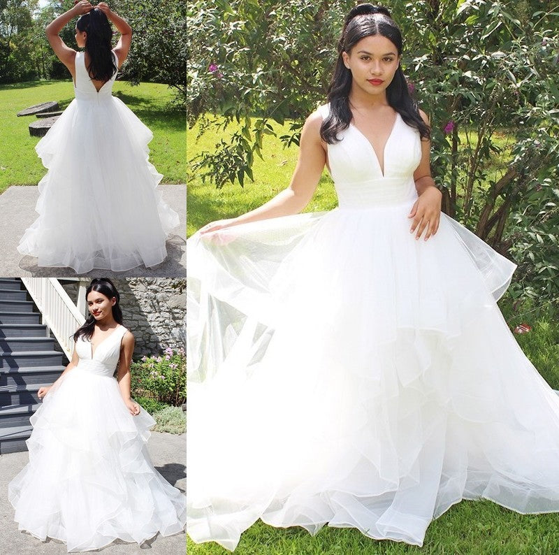 Sleeveless Ball V-neck Gown Ruffles Organza Floor-Length Wedding Dresses