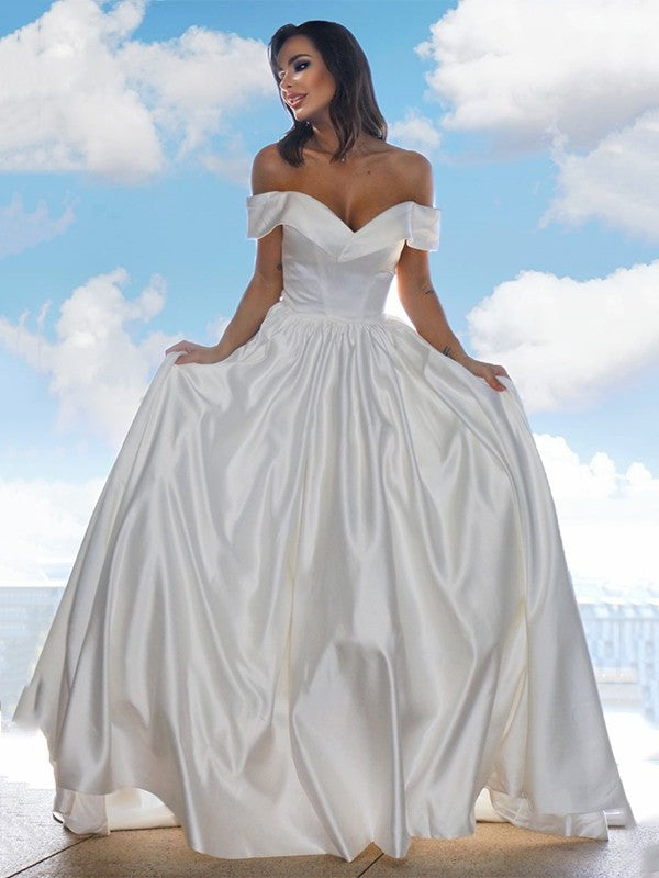 Ball Court Gown Ruffles Off-the-Shoulder Satin Sleeveless Train Wedding Dresses