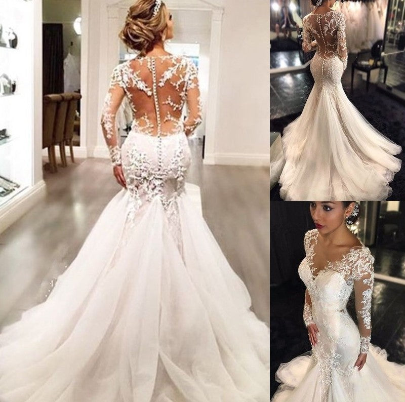 Sleeves Trumpet/Mermaid Lace Train V-neck Court Long Tulle Wedding Dresses