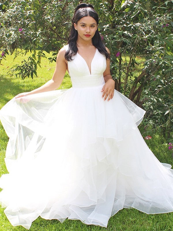 Sleeveless Ball V-neck Gown Ruffles Organza Floor-Length Wedding Dresses