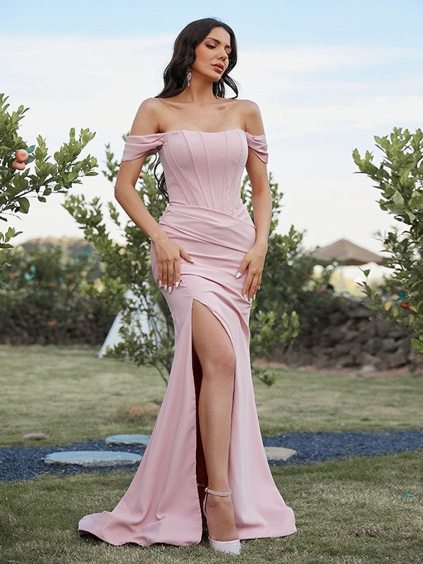 Sweep/Brush Sleeveless Off-the-Shoulder Sheath/Column Stretch Ruched Crepe Train Bridesmaid Dresses