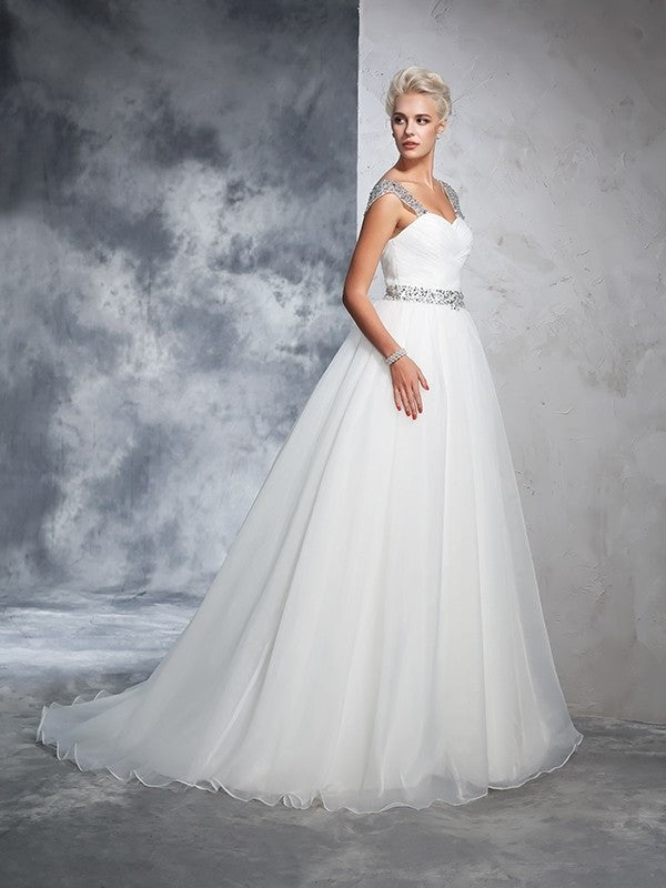 Ruched Straps Gown Ball Long Sleeveless Net Wedding Dresses