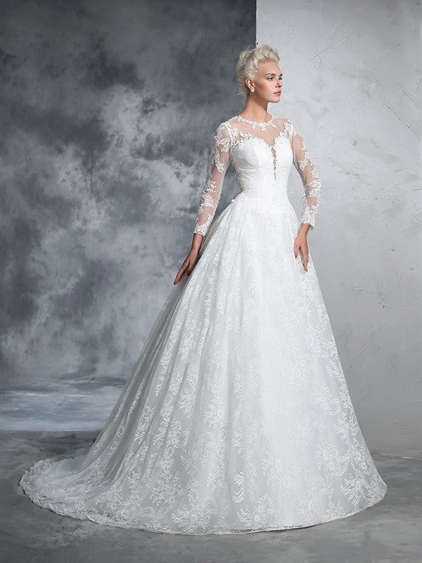 Long Long Sleeves Jewel Ball Lace Gown Lace Wedding Dresses