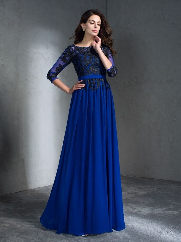 Scoop Sleeves A-Line/Princess 3/4 Applique Long Chiffon Dresses