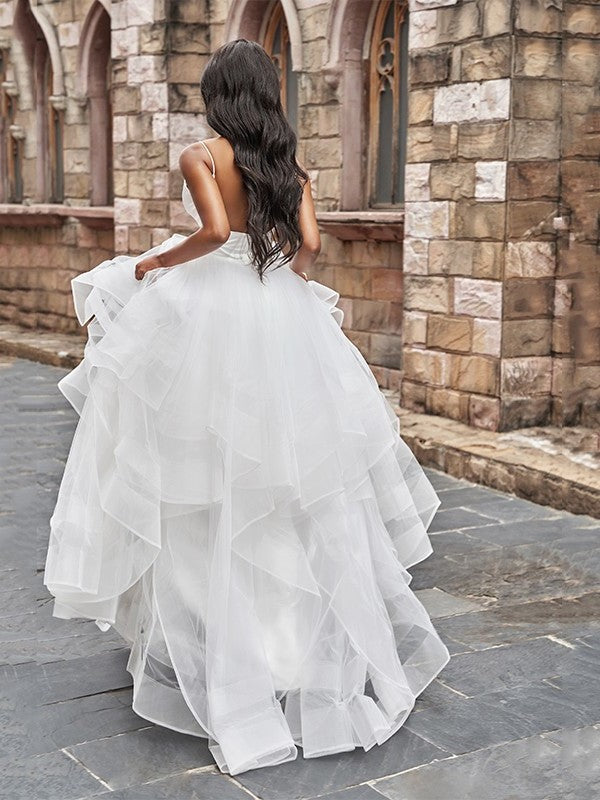 Tulle Sleeveless Ruffles A-Line/Princess V-neck Floor-Length Wedding Dresses
