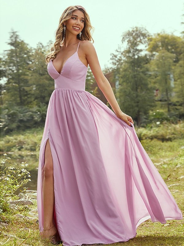 Ruffles Sleeveless V-neck Chiffon A-Line/Princess Floor-Length Bridesmaid Dresses